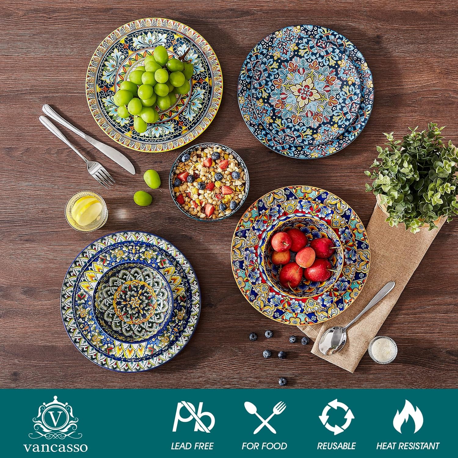 SIMI Dinner Set- 18 Pieces for 6 People, Porcelain Plates and Bowls Set, Bohemian Style Dinnerware Sets, Scratch Resistant Dinner Service Set, Dishwasher and Microwave Safe