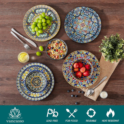 SIMI Dinner Set- 18 Pieces for 6 People, Porcelain Plates and Bowls Set, Bohemian Style Dinnerware Sets, Scratch Resistant Dinner Service Set, Dishwasher and Microwave Safe