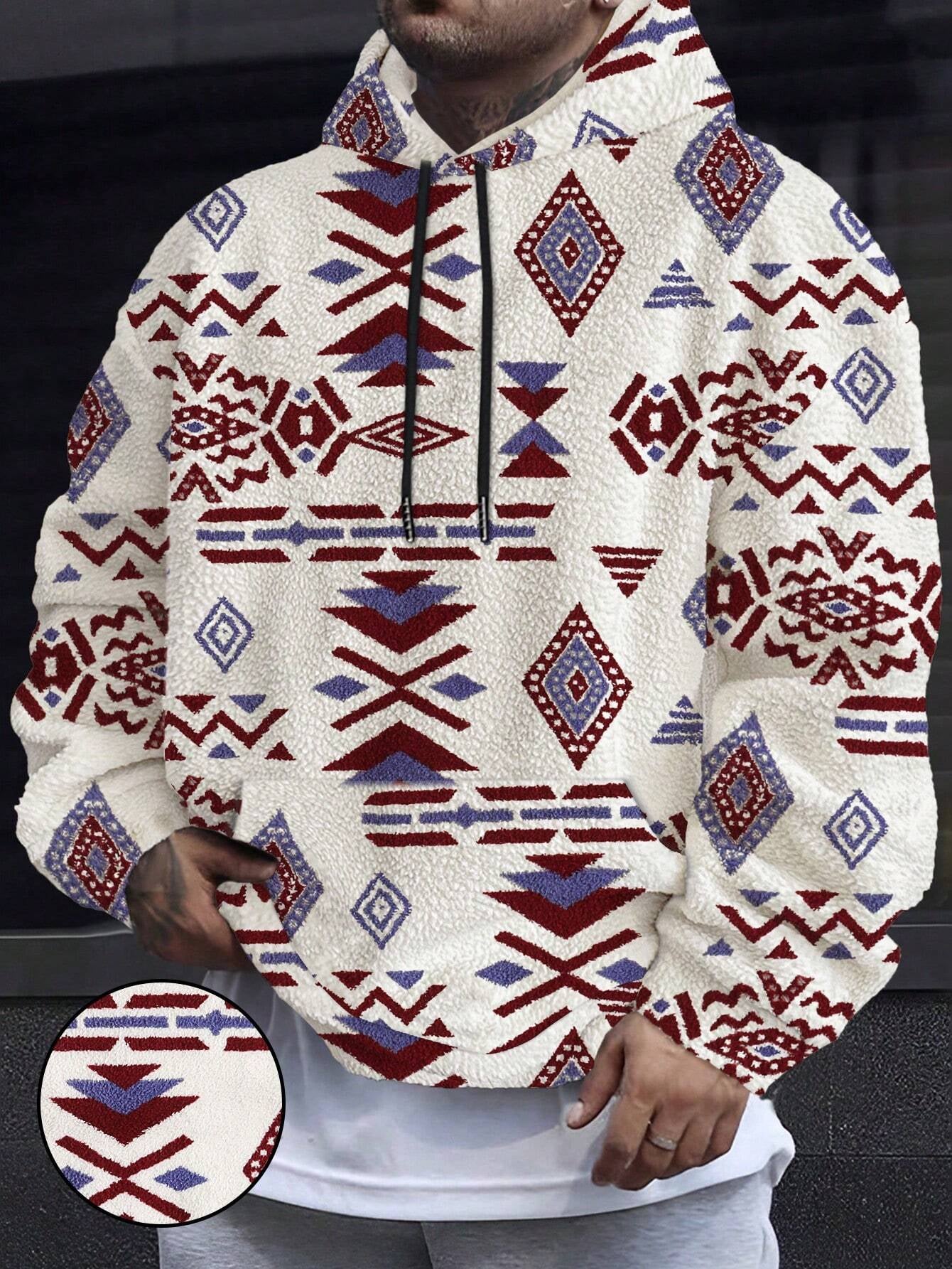 Men'S Totem Print Hooded Sherpa Fleece Sweatshirt