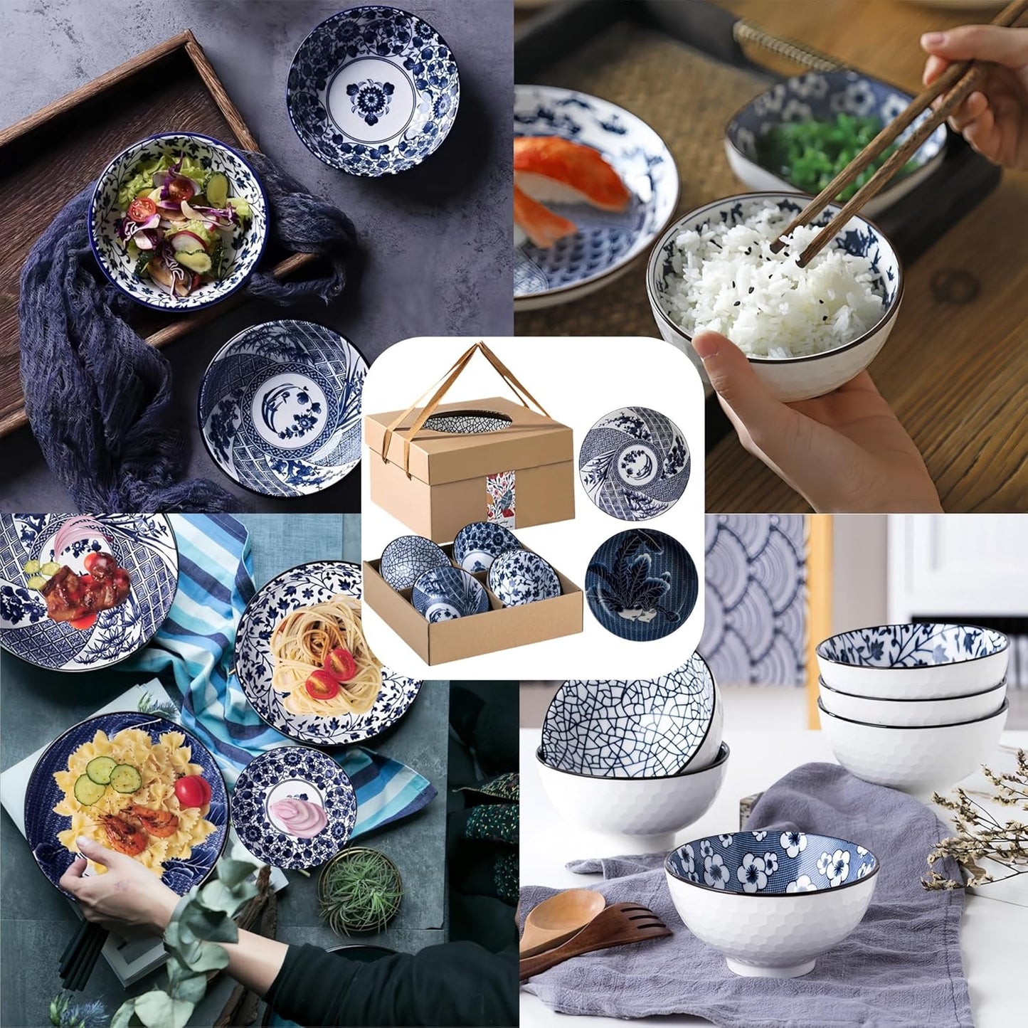 Japanese Style Ceramic Plates and Bowls Set, Rice Bowl with Gift Box Bowls Set of 6, Porcelain Serving Bowl for Rice, Soup, Dessert, Snack, 10Oz/250Ml, Soy Sauce Dish 8Inch, Dishwasher Safe Sets