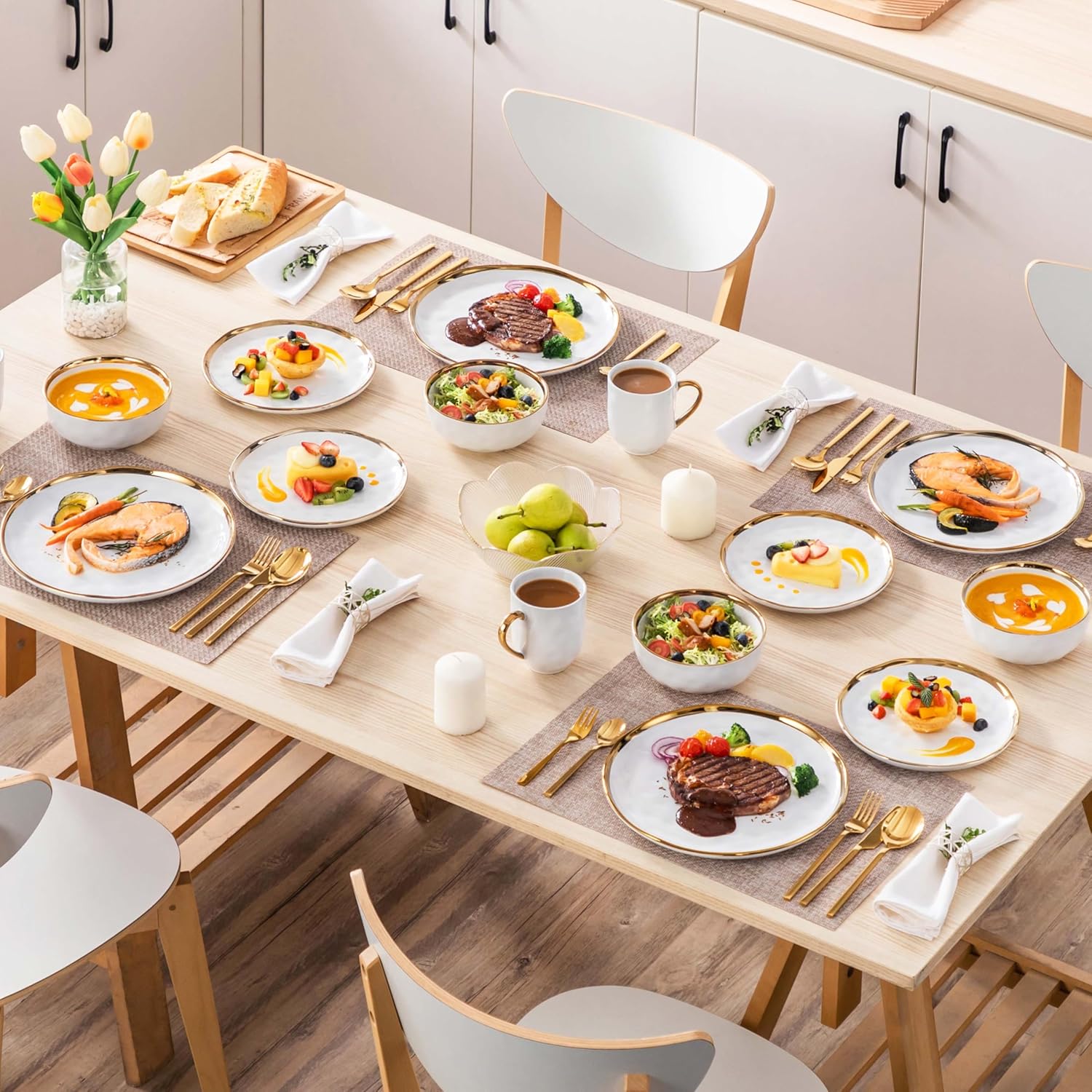 'Apollo', 16 Piece Dinner Set, Stoneware Dish Set for 4, Kitchen Plates and Bowls Sets, Handmade Dinnerware Set with Gold Trim, Dishwasher Safe, White and Gold