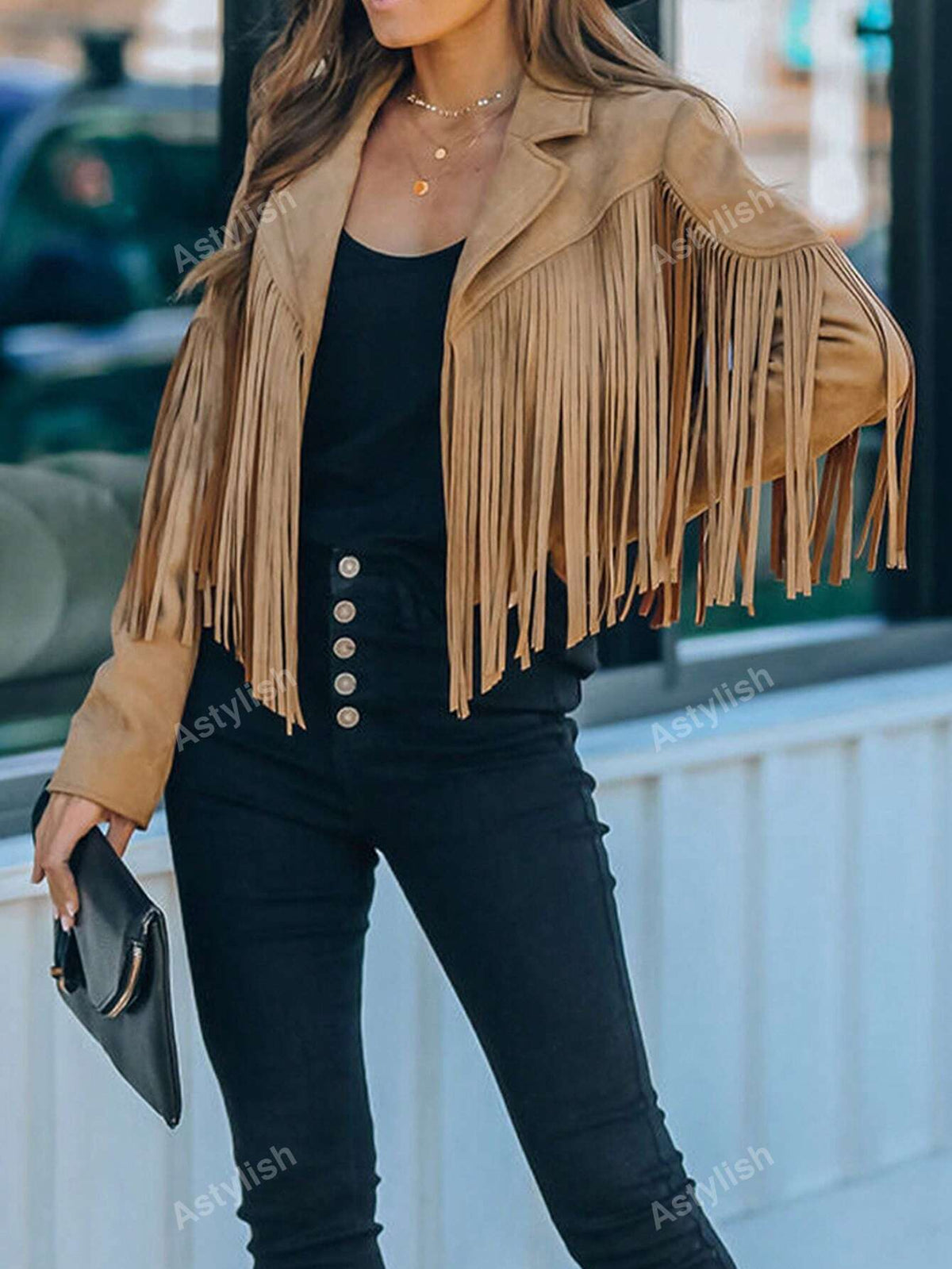 Astylish Women Western Wear Long Sleeve Fringe Open Front Faux Suede Moto Jacket Festival Outfit