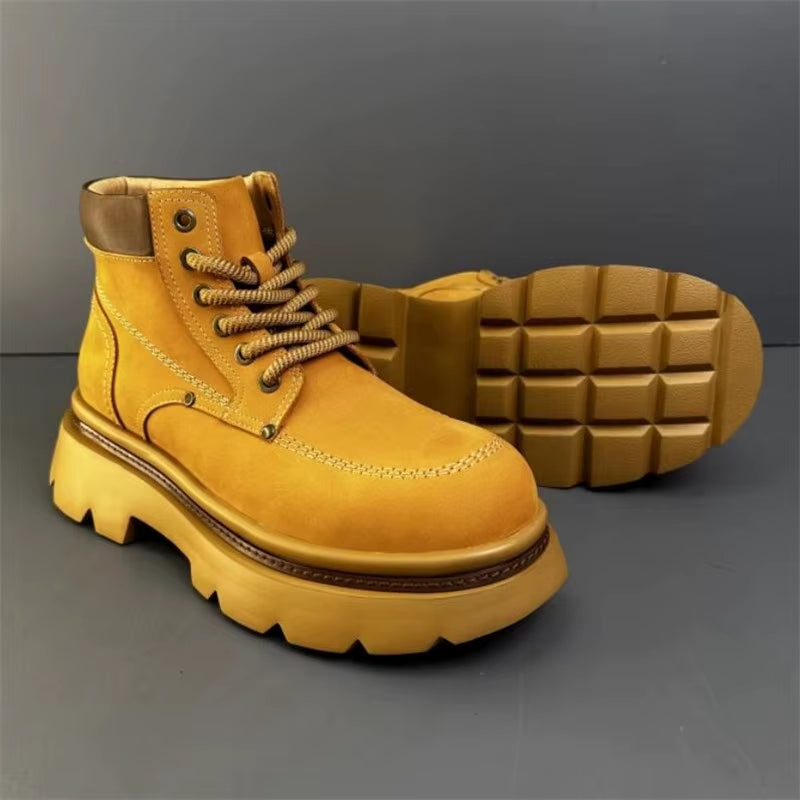 Men'S Genuine Leather Thick Soled Ankle Boots Fashion Waterproof Man Lace up Designer Boot