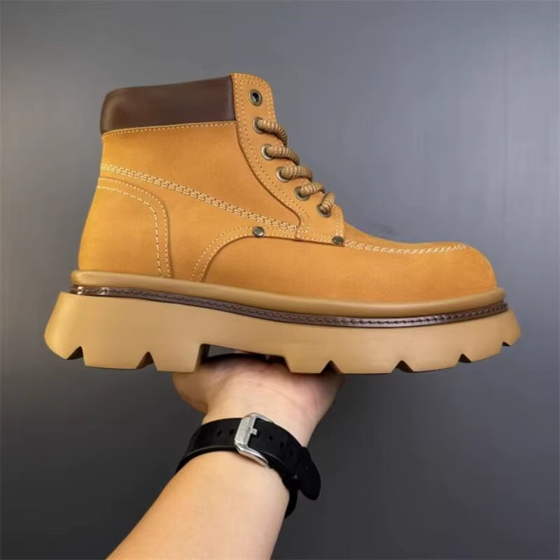 Men'S Genuine Leather Thick Soled Ankle Boots Fashion Waterproof Man Lace up Designer Boot
