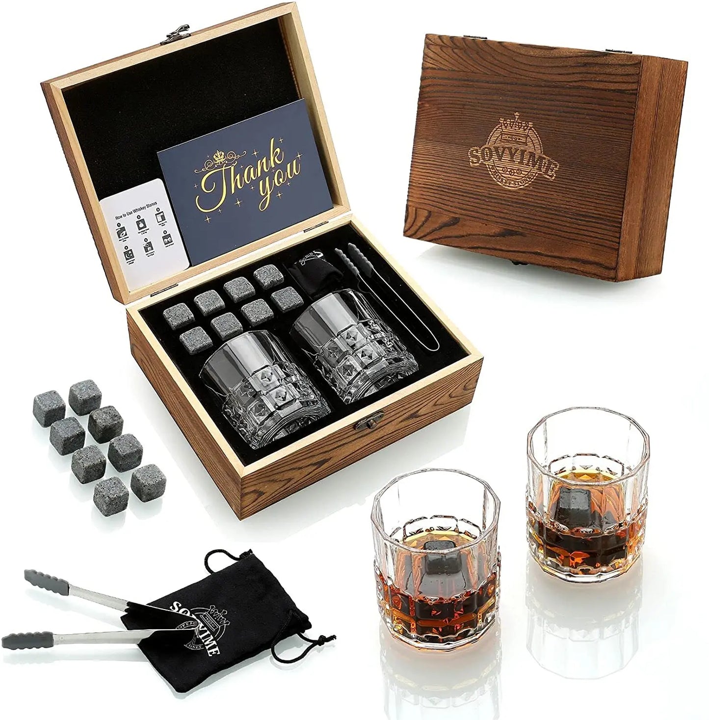 Whisky Stones Glasses Gift Set,Velvet Bag for Drinking Scottish Whiskey or Gin, Wooden Box Present for Christmas/Birthday