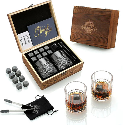 Whisky Stones Glasses Gift Set,Velvet Bag for Drinking Scottish Whiskey or Gin, Wooden Box Present for Christmas/Birthday