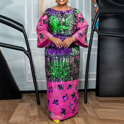 Women Long Maxi Dress Bohemian Printed Vestidos 2024 Vintage Crew Neck Flare Sleeve Party Vestidos Casual Loose Sundress