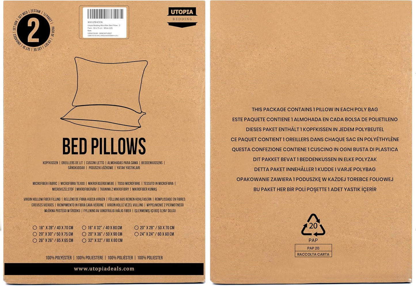 Pillows 2 Pack, (UK Standard, White) Hotel Quality Luxury Bed Pillow for Back, Stomach or Side Sleepers