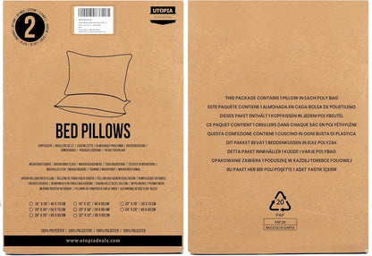 Pillows 2 Pack, (UK Standard, White) Hotel Quality Luxury Bed Pillow for Back, Stomach or Side Sleepers