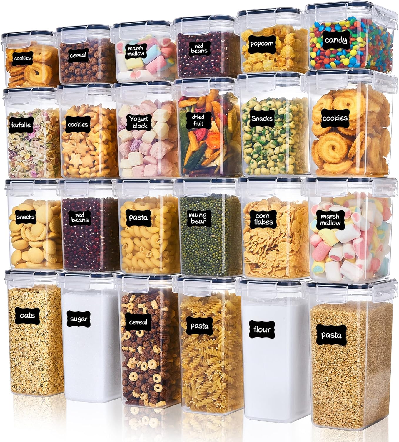 Set of 24 Airtight Food Storage Containers & Kitchen Storage Containers, Bpa-Free Plastic Containers for Flour, Sugar and Baking Supplies, with 24 Labels (Black)