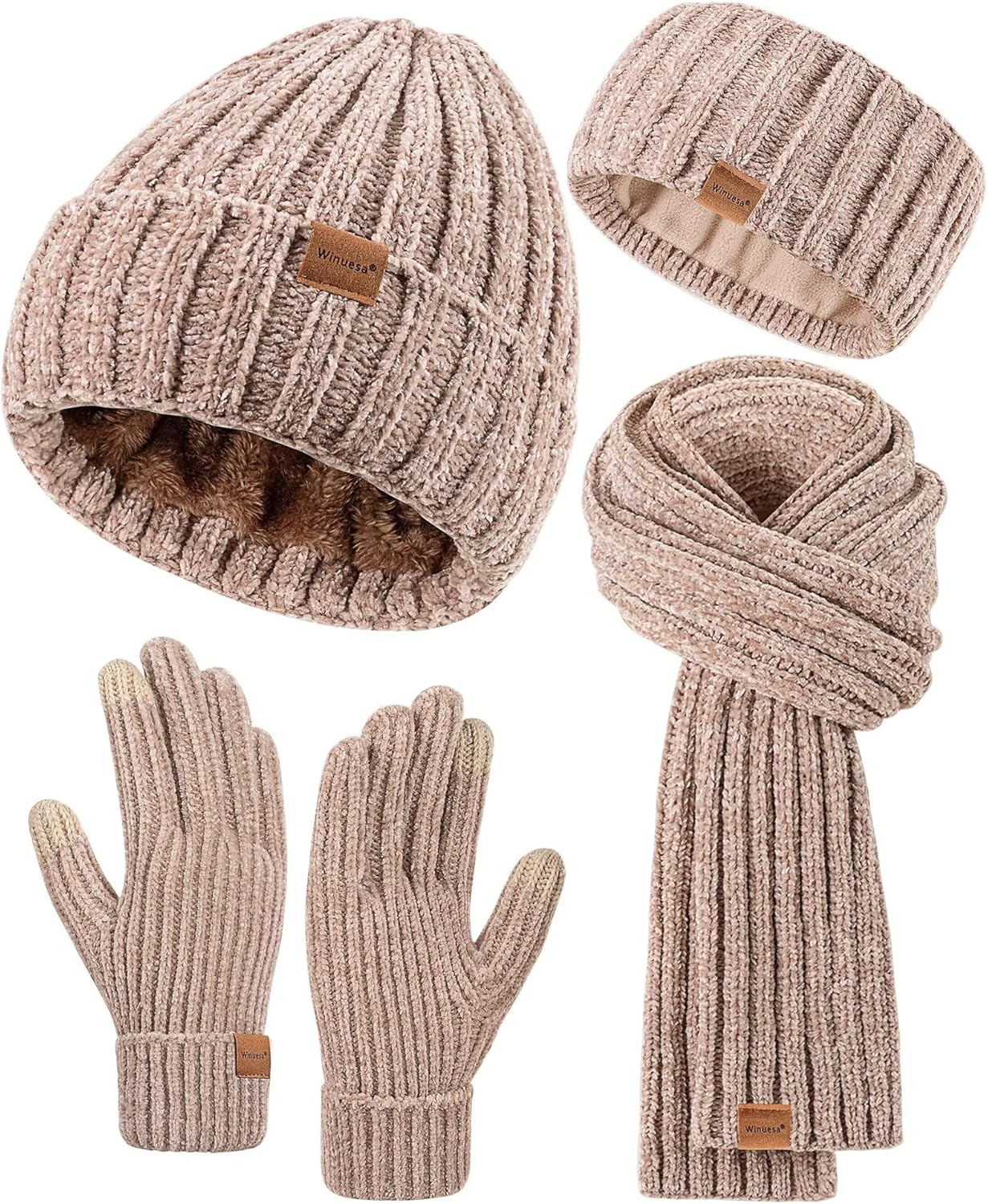 Headbands Hat Scarf and Gloves Set Ladies, Chenille Beanie Hat Women Fleece Lined Touchscreen Gloves Women Knit Scarf Ear Warmers 4 in 1 Cold Weather Gift Set