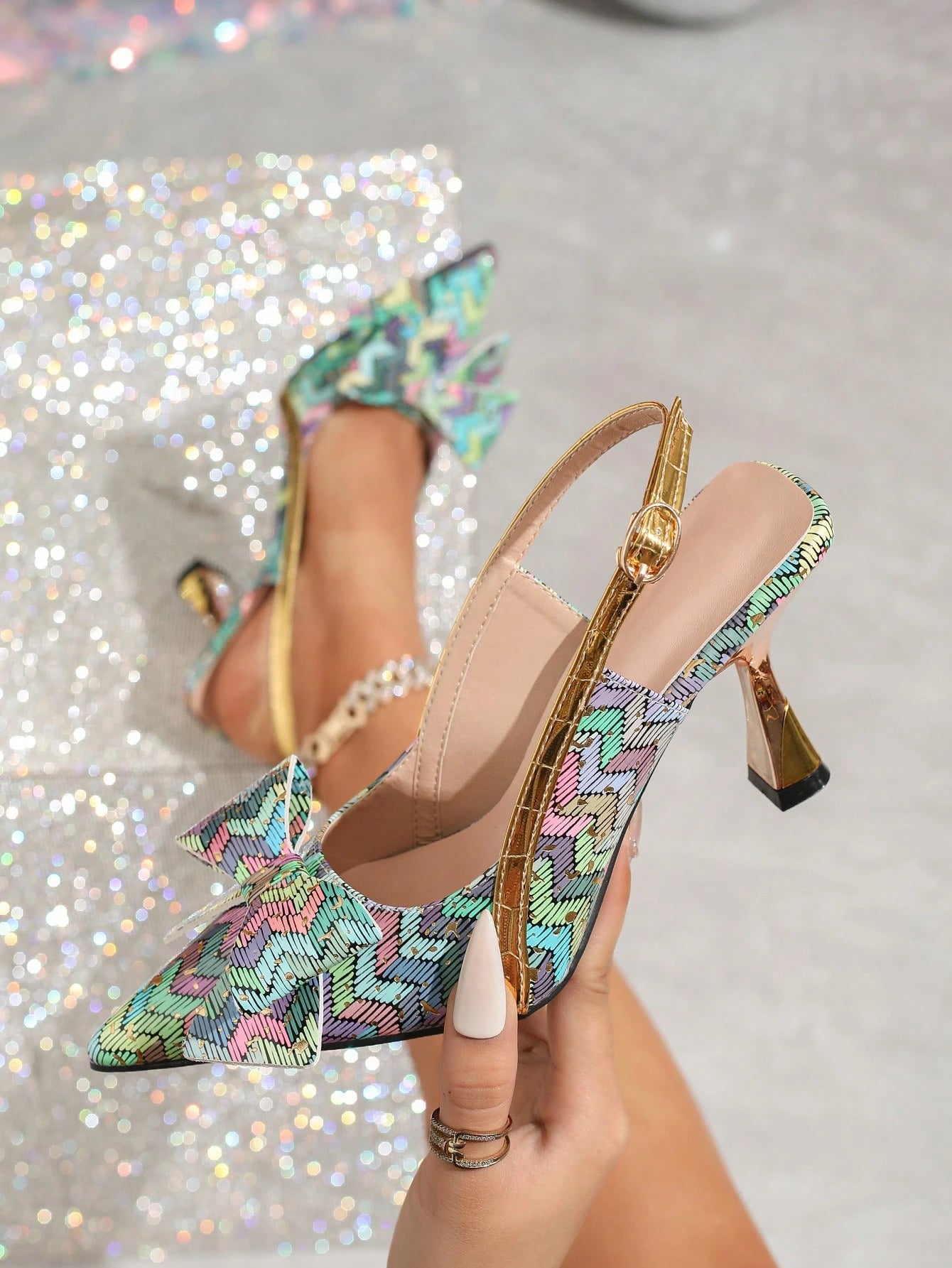 Pink Elastic Strap Back Rhinestone Women'S Sandals, Pointed Toe Backless Square High Heel Shoes, Unique Design