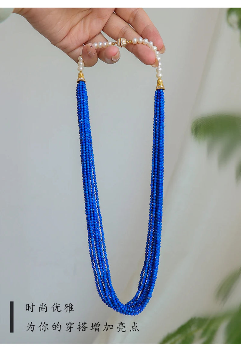 Lapis Lazuli Necklace and Earrings Set in Sterling Silver with Gilt Finish - Retro High Fringed Jewelry Ensemble