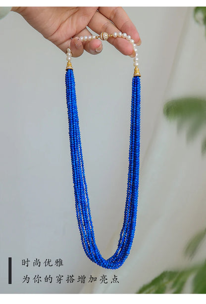 Lapis Lazuli Necklace and Earrings Set in Sterling Silver with Gilt Finish - Retro High Fringed Jewelry Ensemble