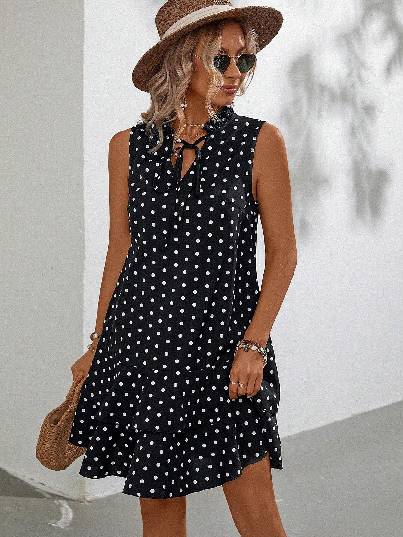 Emery Rose Polka Dot Tie Neck Ruffle Hem Smock Dress