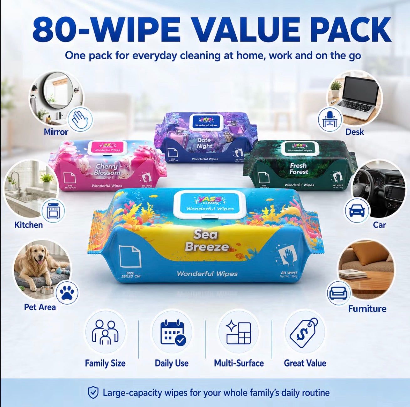 Yass Clean Multi-Purpose Cleaning Wipes 80 Pack