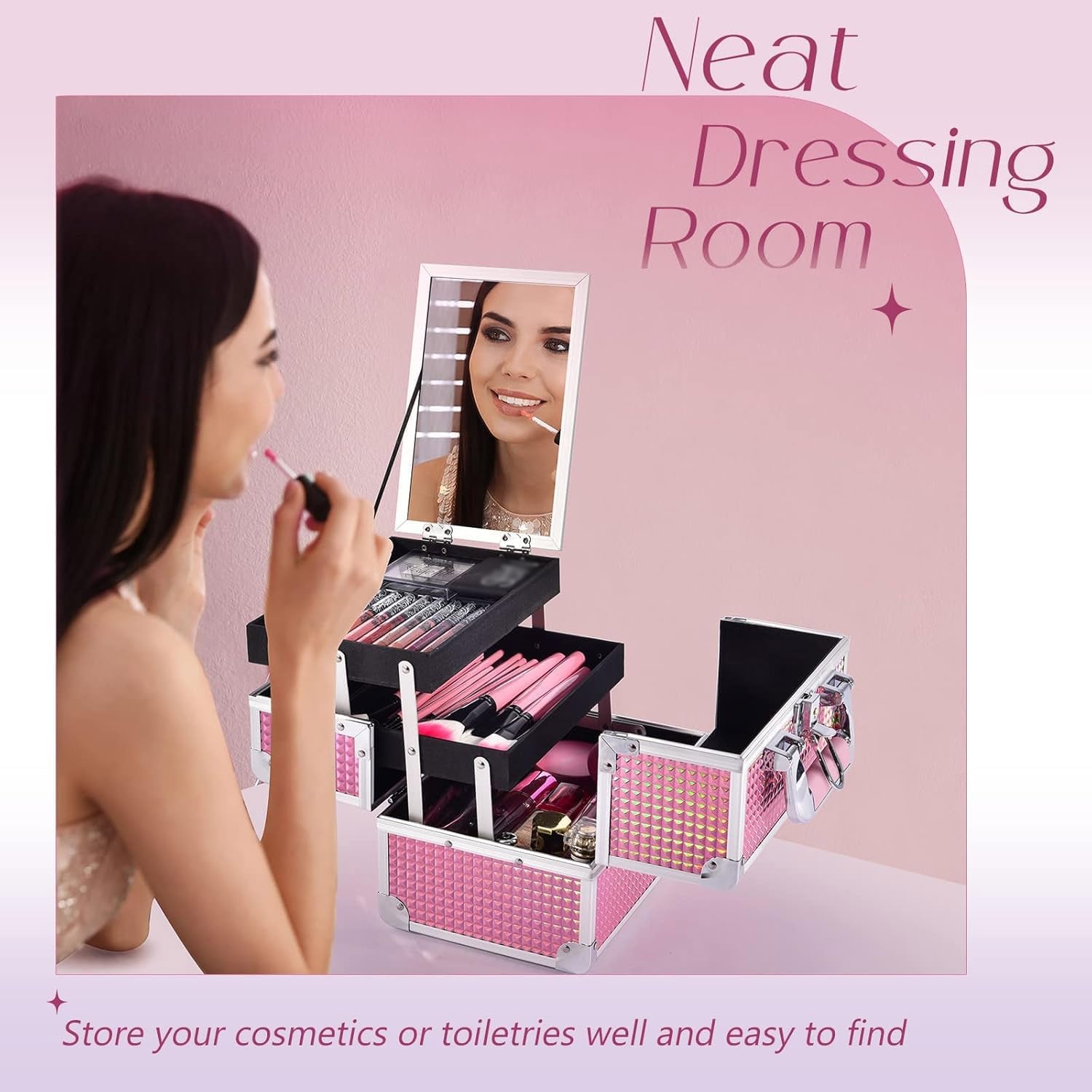 Holographic Pink Makeup Box Vanity Case - Lockable Cosmetic Organizer with Mirror for Professional and Personal Use