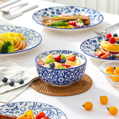 Selene Dinner Sets for 6 People, 18 Pieces Vintage Blue Porcelain Plates and Bowls Set Kitchen Crockery Set Dinnerware Sets, Mircowave and Dishwasher Safe Dishes Set