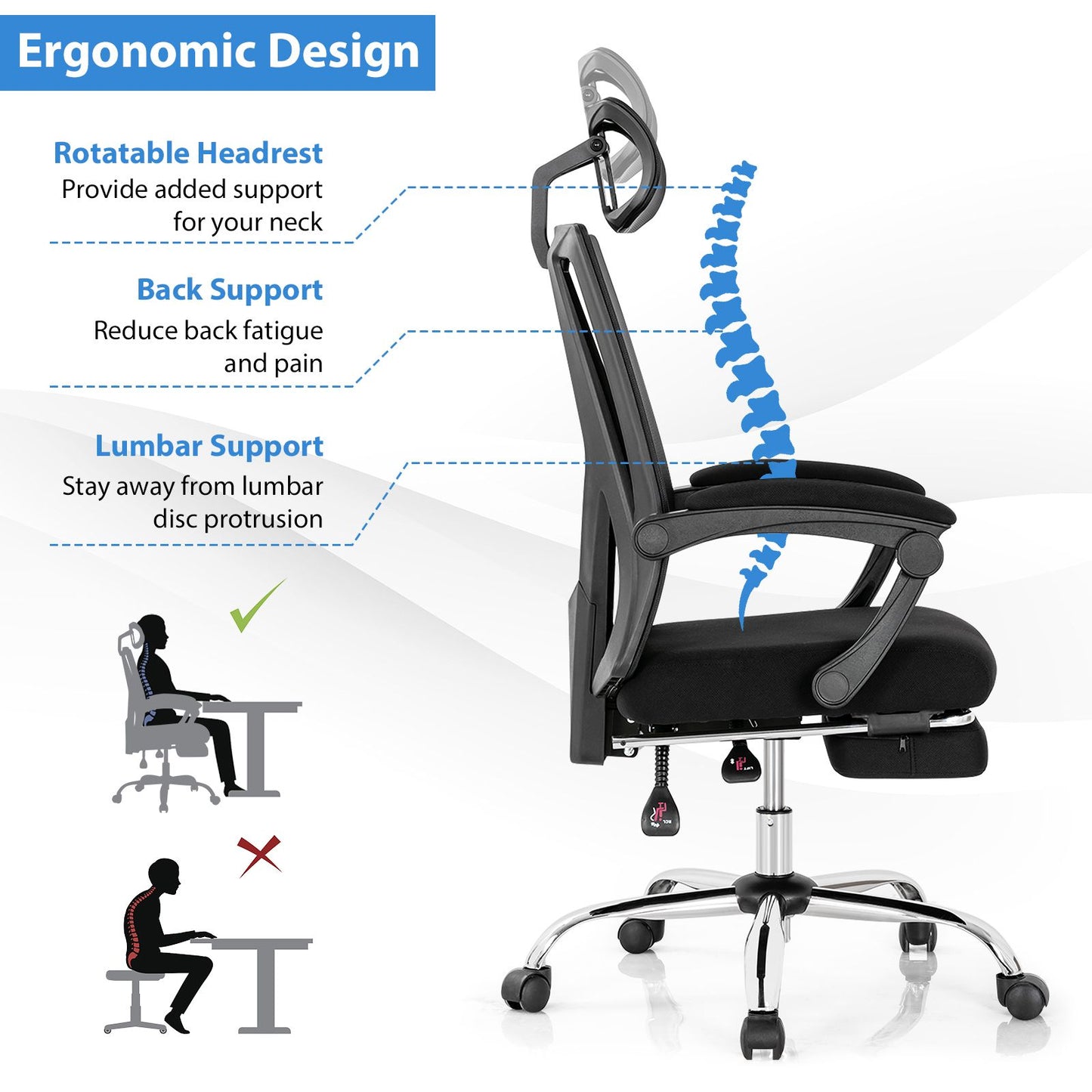 Ergonomic Mesh Office Chair with Adjustable Recline and Retractable Footrest