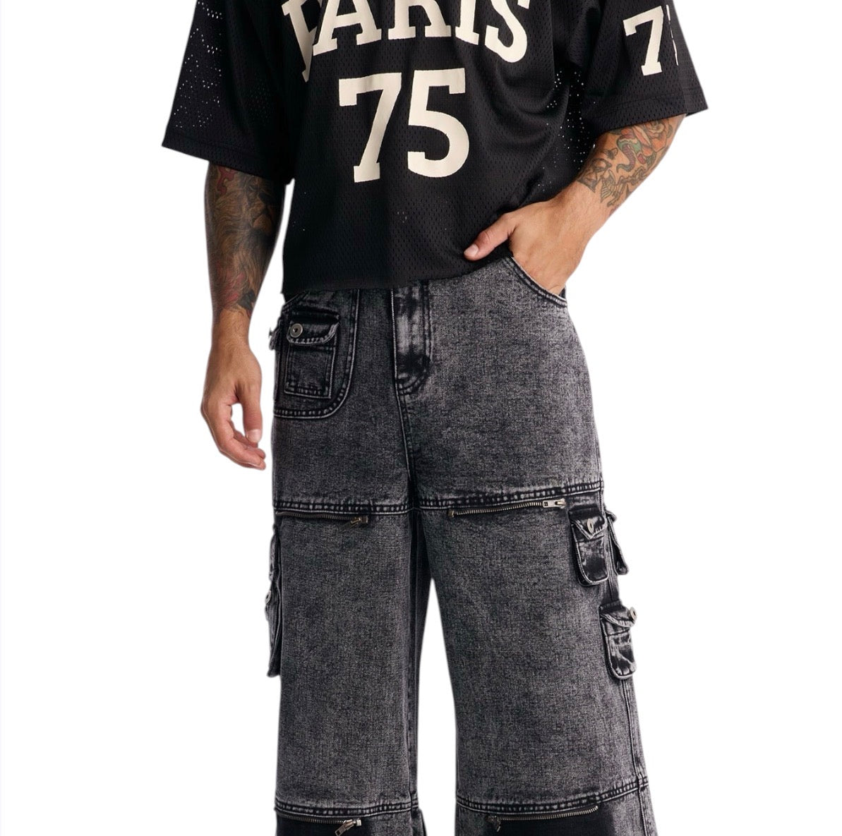 Zip-Off 2 Way Baggy Cargo Jeans Black Wash