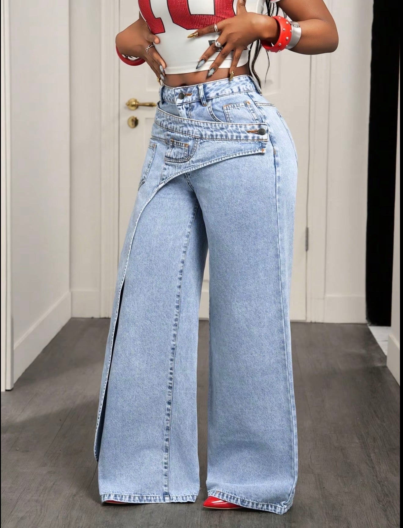 Women’s Casual Loose Fit Denim Long Pants Asymmetrical Design