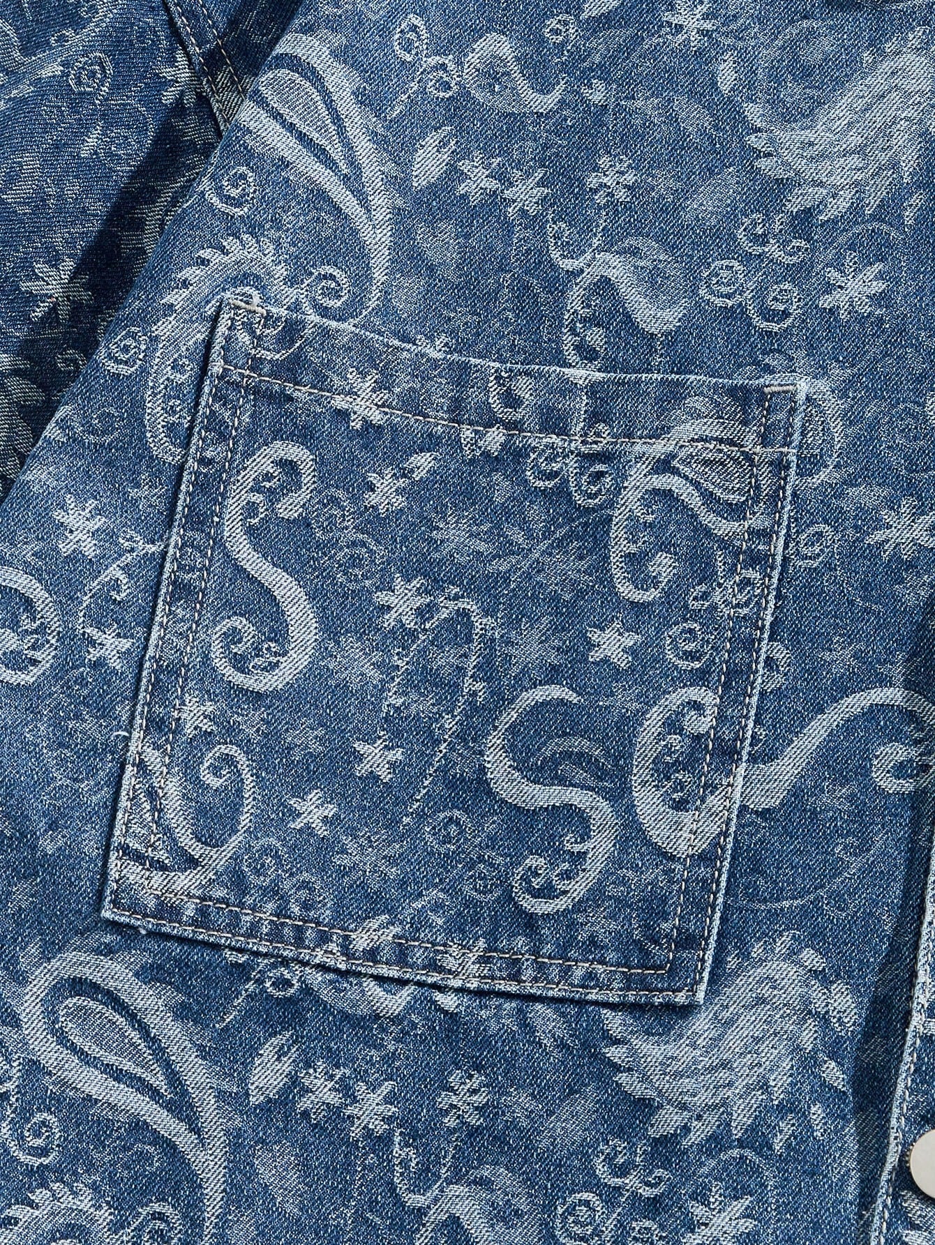 ROMWE MEN Grunge Punk Men'S Summer Vacation Paisley Print Patchwork Pocket Short Sleeve Denim Shirt