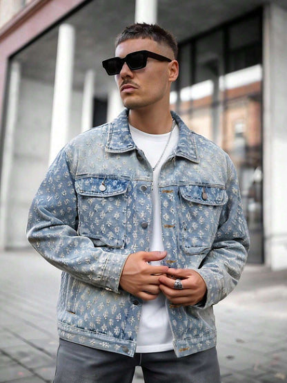 Men'S Retro Streetwear Fashion American Style Floral Print Denim Jacket, & Niche