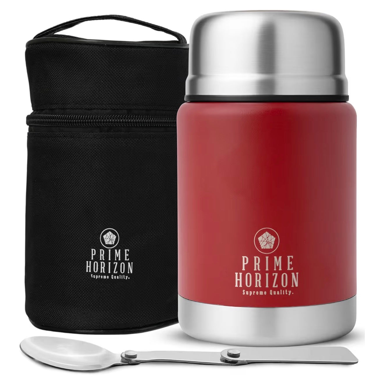 Prime Horizon Food Flask - 500ml Stainless Steel Vacuum Double Wall Jar with Folding Spoon, Leakproof and BPA Free. Free Insulated Travel Bag with Carabiner and Gift Box