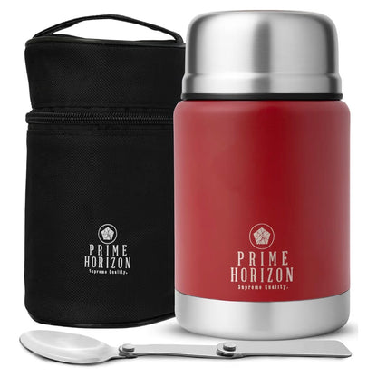 Prime Horizon Food Flask - 500ml Stainless Steel Vacuum Double Wall Jar with Folding Spoon, Leakproof and BPA Free. Free Insulated Travel Bag with Carabiner and Gift Box