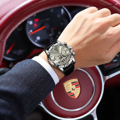 Fashion Men Wristwatch Luxury Hollow Tourbillon Luminous Date Week Man Clock Automatic Mechanical Leather Men'S Watches