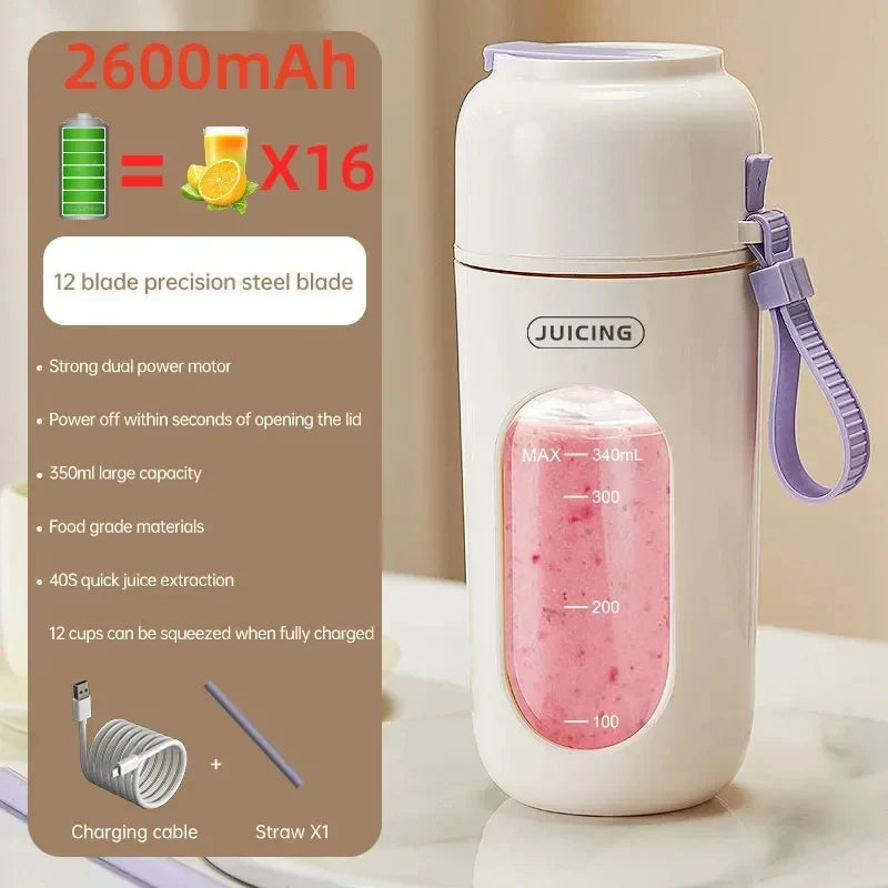 Portable Multi-Function USB Wireless Juicer 12-Blade Head Fast Juice Extraction 2600Mah Capacity Indoor and Outdoor Mixing Cup