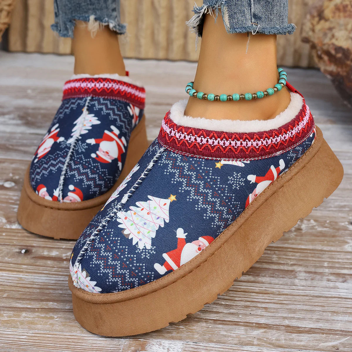 Women'S Cartoon Christmas Print Ankle Boots Casual Slip on Plush Lined Home Shoes Comfortable Winter Short Boots