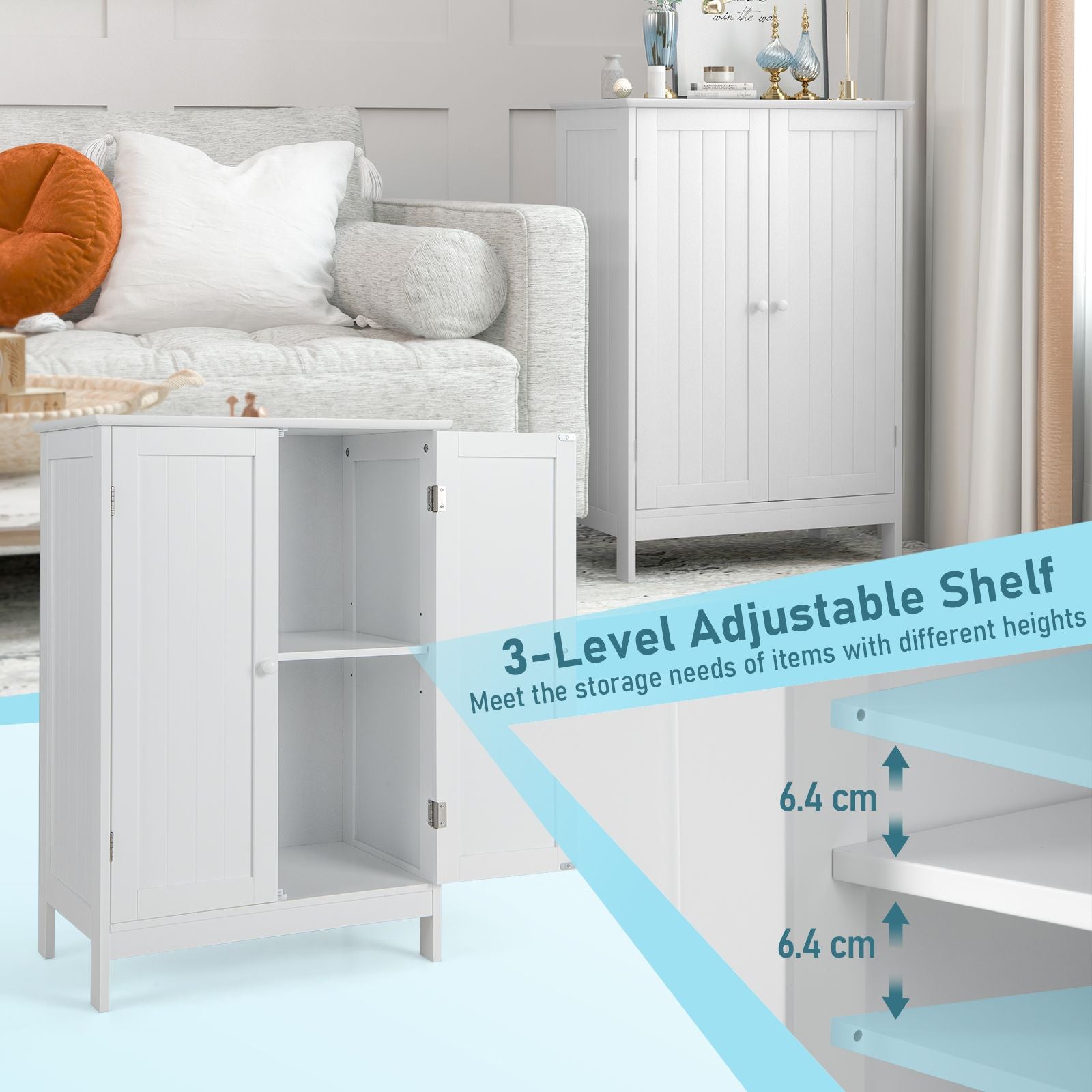 Double Door Bathroom Floor Cabinet with Adjustable Shelving