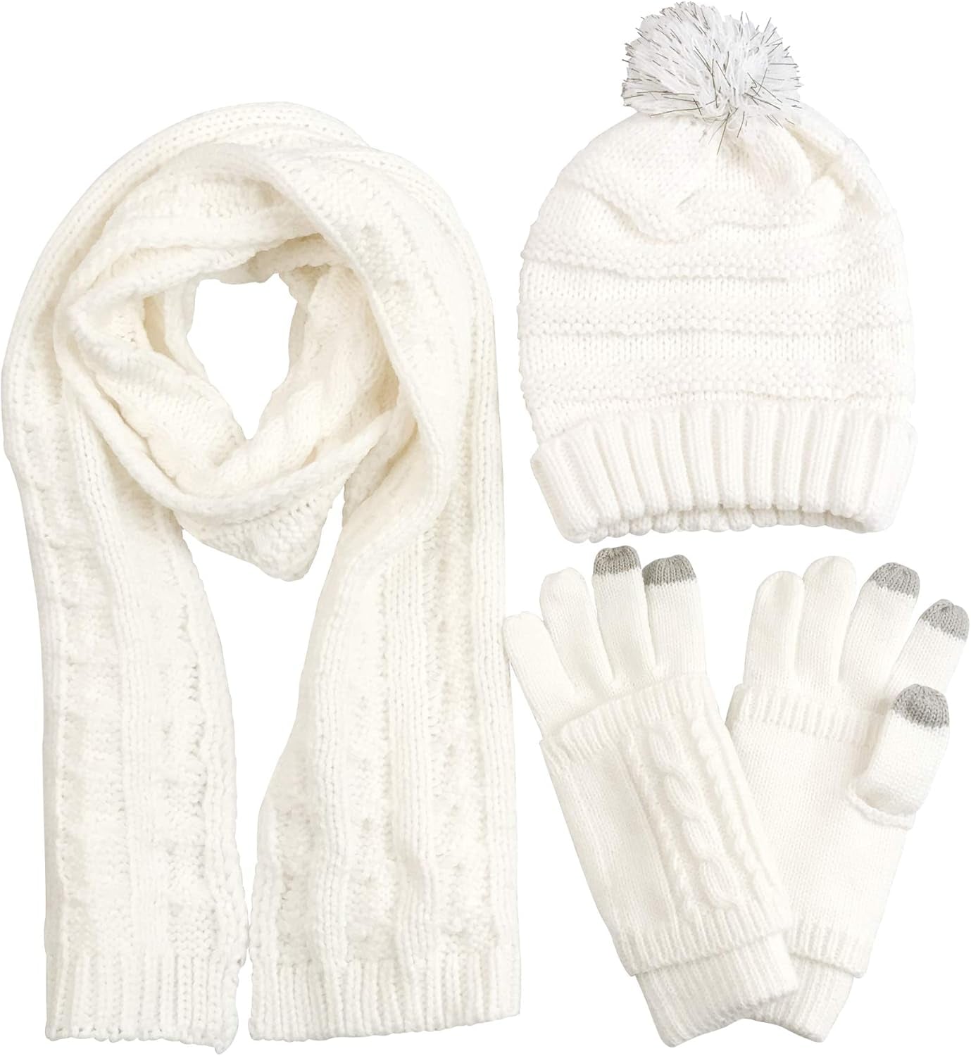Scarf Hat Glove Sets Cable Knit Winter Gift Set Pompom Hat Touch Screen Gloves Long Scarf 3Pcs Cold Weather Warm Set for Women Girls