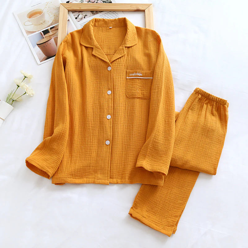 Long Sleeve Pajamas Cotton Double Layer Gauze Clothes Front Button Suit Solid Color