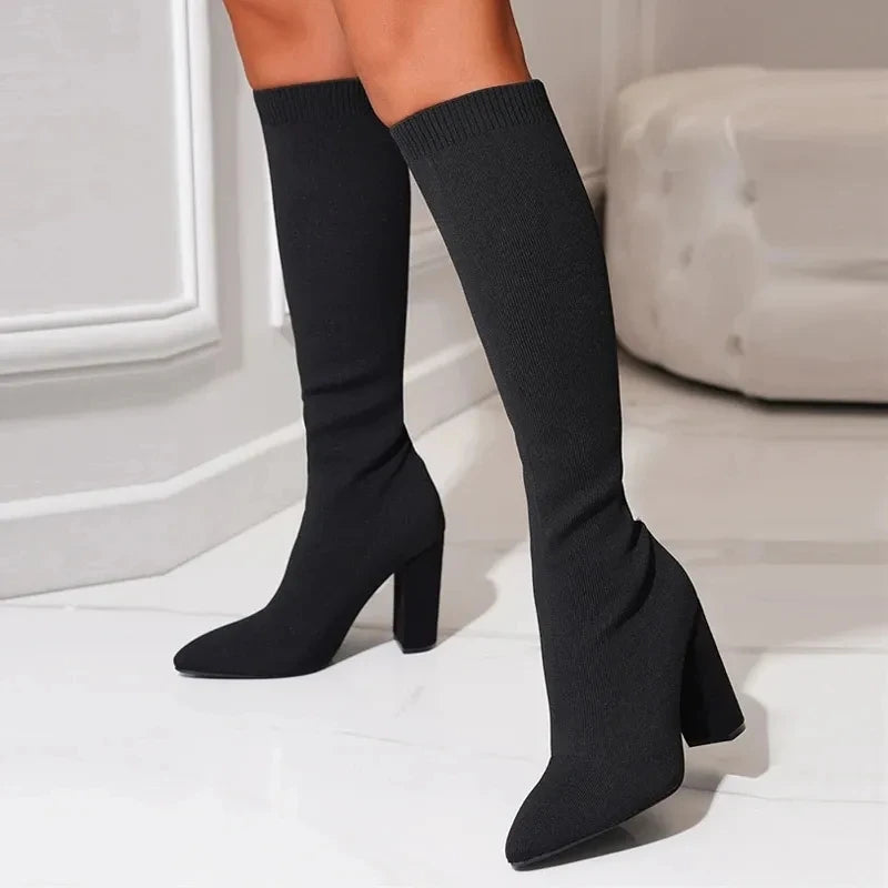 Green Women’s Cozy Knitted Knee-High Boots with Stretch Fabric and Square Heels for Autumn and Winter