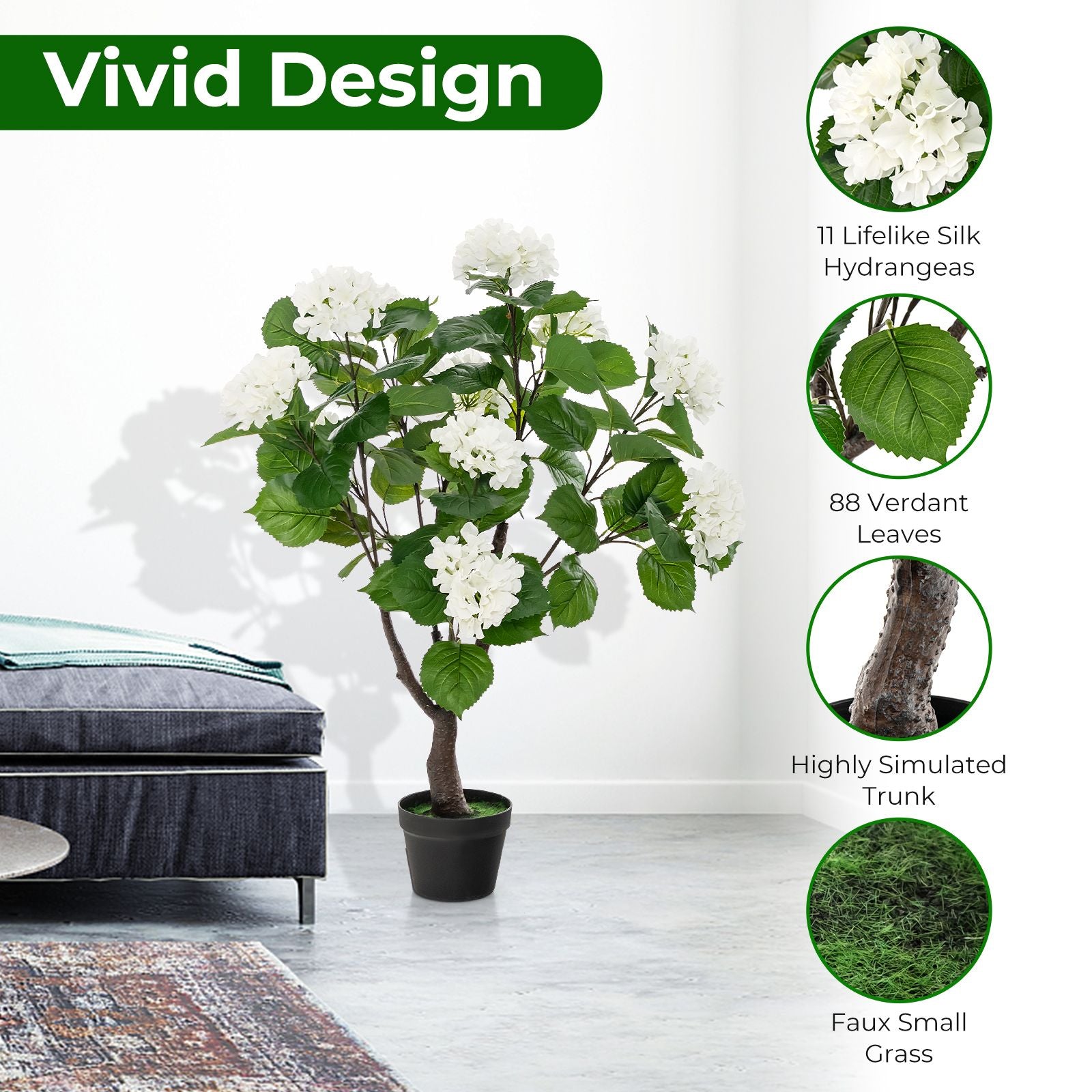 Artificial Hydrangea Tree Featuring 11 Exquisite White Blooms