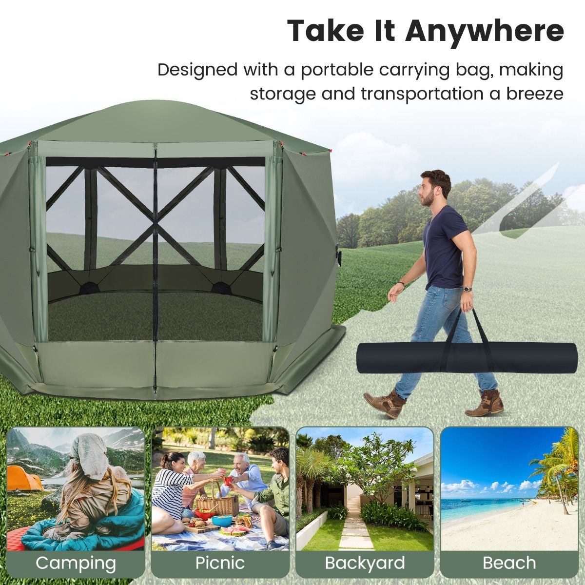 6-Sided Instant Setup Camping Gazebo with Portable Carrying Bag