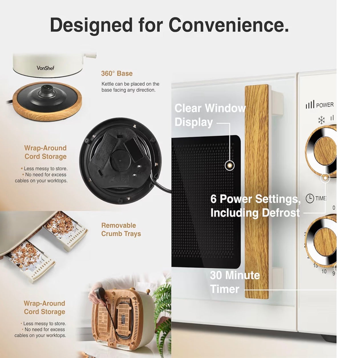 VonShef Microwave Kettle Toaster Set – Scandi Kitchen Set, 1.7L Nordic Rapid Boil Kettle, Wide Slot Toaster 4 Slice with 6 Browning Controls, and 20L Microwave with 6 Power Levels – Fika Range, Cream