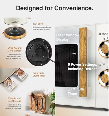 VonShef Microwave Kettle Toaster Set – Scandi Kitchen Set, 1.7L Nordic Rapid Boil Kettle, Wide Slot Toaster 4 Slice with 6 Browning Controls, and 20L Microwave with 6 Power Levels – Fika Range, Cream