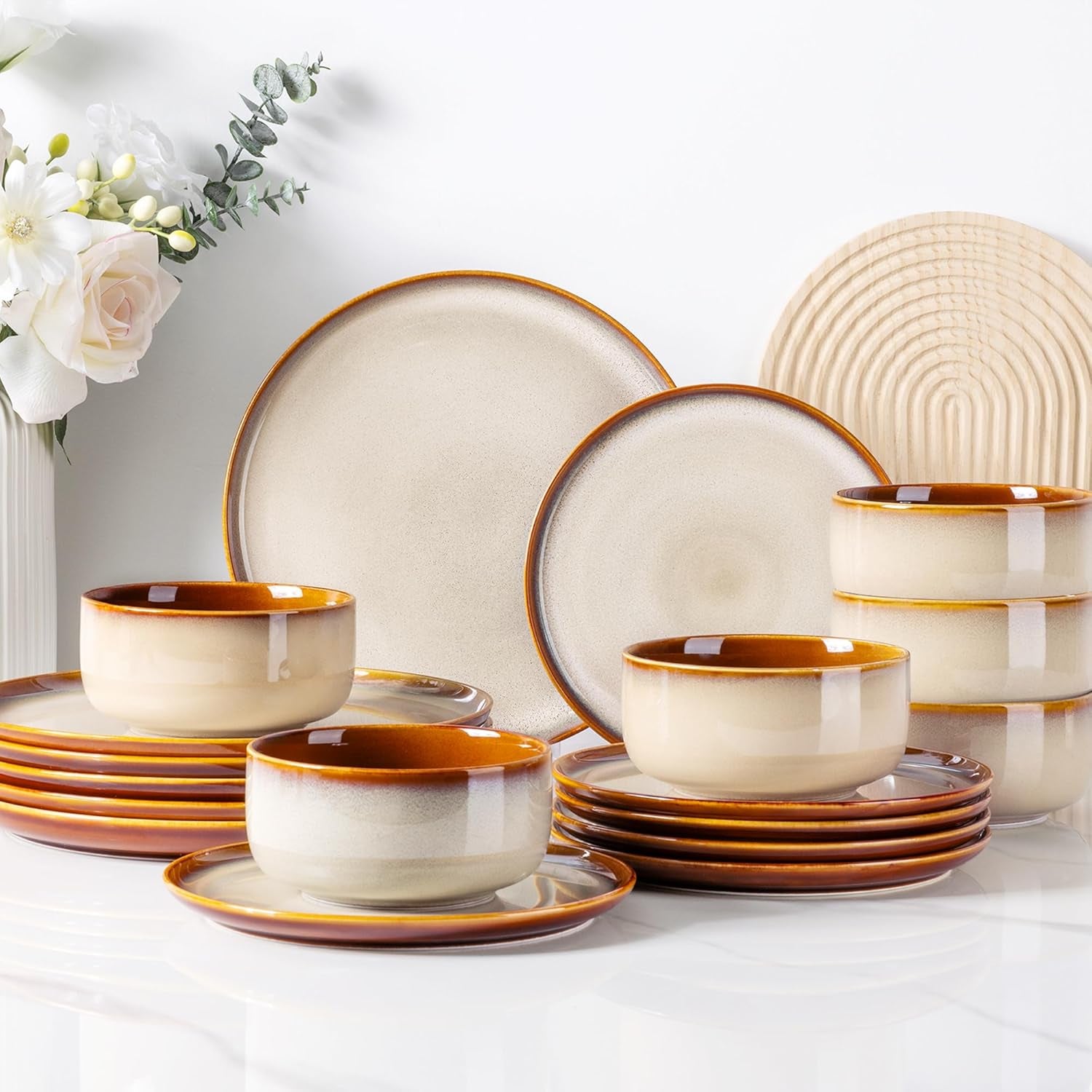 Dinner Set for 6, 18 Piece Stoneware Plates and Bowls Set, Chip & Scratch Resistant Reactive Glazed Dinnerware Set, Dishwasher & Microwave Safe Crockery Set (Cappuccino, Service for 6)