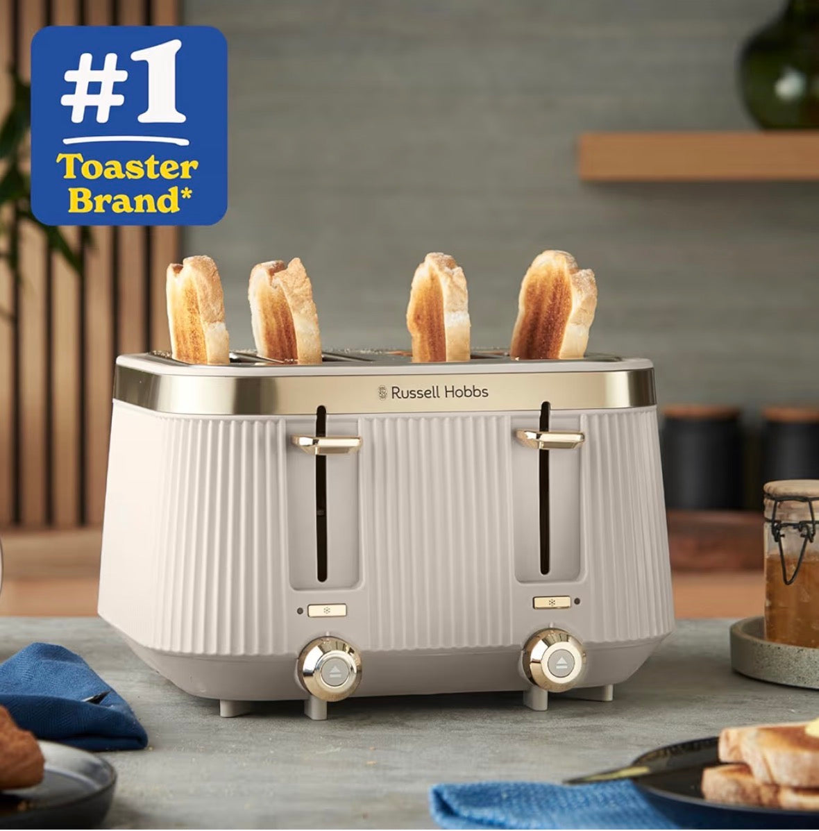 Russell Hobbs 4 Slice Toaster [1960W, Frozen/Cancel/Reheat function with Indicator light] Brontë Stone (Extra wide slots, 6 Browning levels, Lift & Look function, Lift high feature) 26771