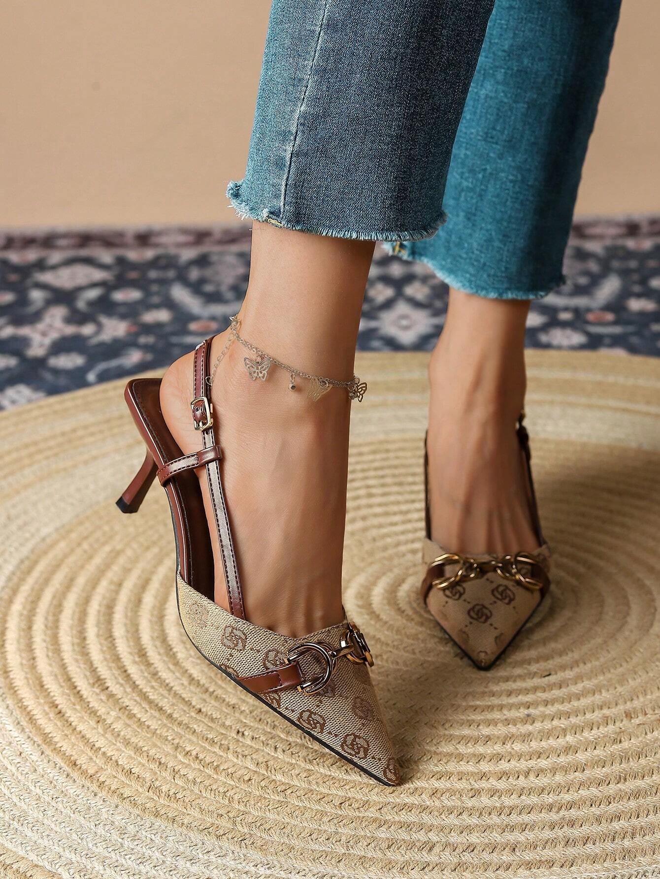 Women'S High Heeled Pointed Toe Shoes with Buckle, Retro Vintage Floral Embroidery and Back Straps