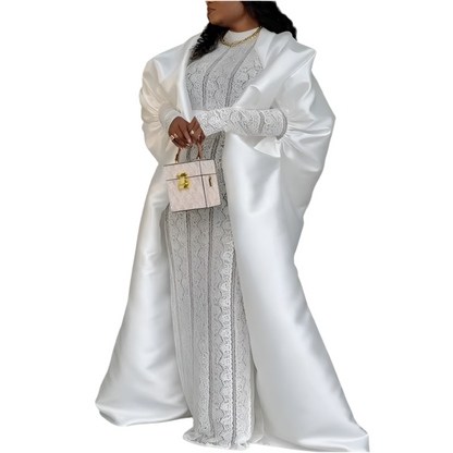 Two Pieces Set Loose Africa Clothing Kaftan Boubou Maxi Gown for Women inside Lace Dresses with Cape Occasion Autumn New Fashion (Delivered within 2-3 weeks from the day of purchase)