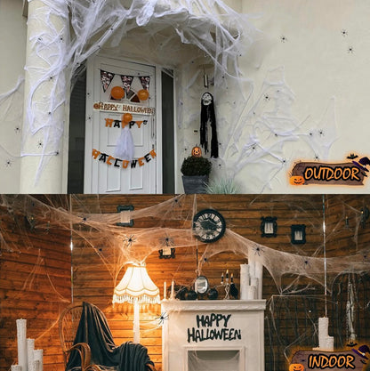 Halloween Spider Web Decoration Set 300g | 60 Black Spiders