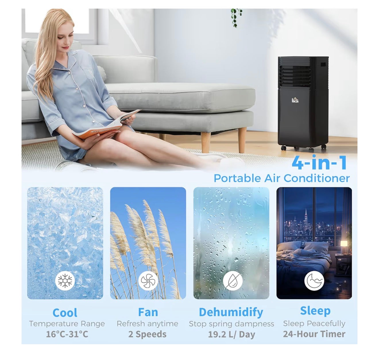 HOMCOM Portable Air Conditioner 7000 BTU, 4-in-1 Cooling, Fan, Dehumidifier & Sleep Mode, Mobile Air Conditioning Unit with Remote Control, 24H Timer, Window Mount Kit for Rooms up to 26㎡