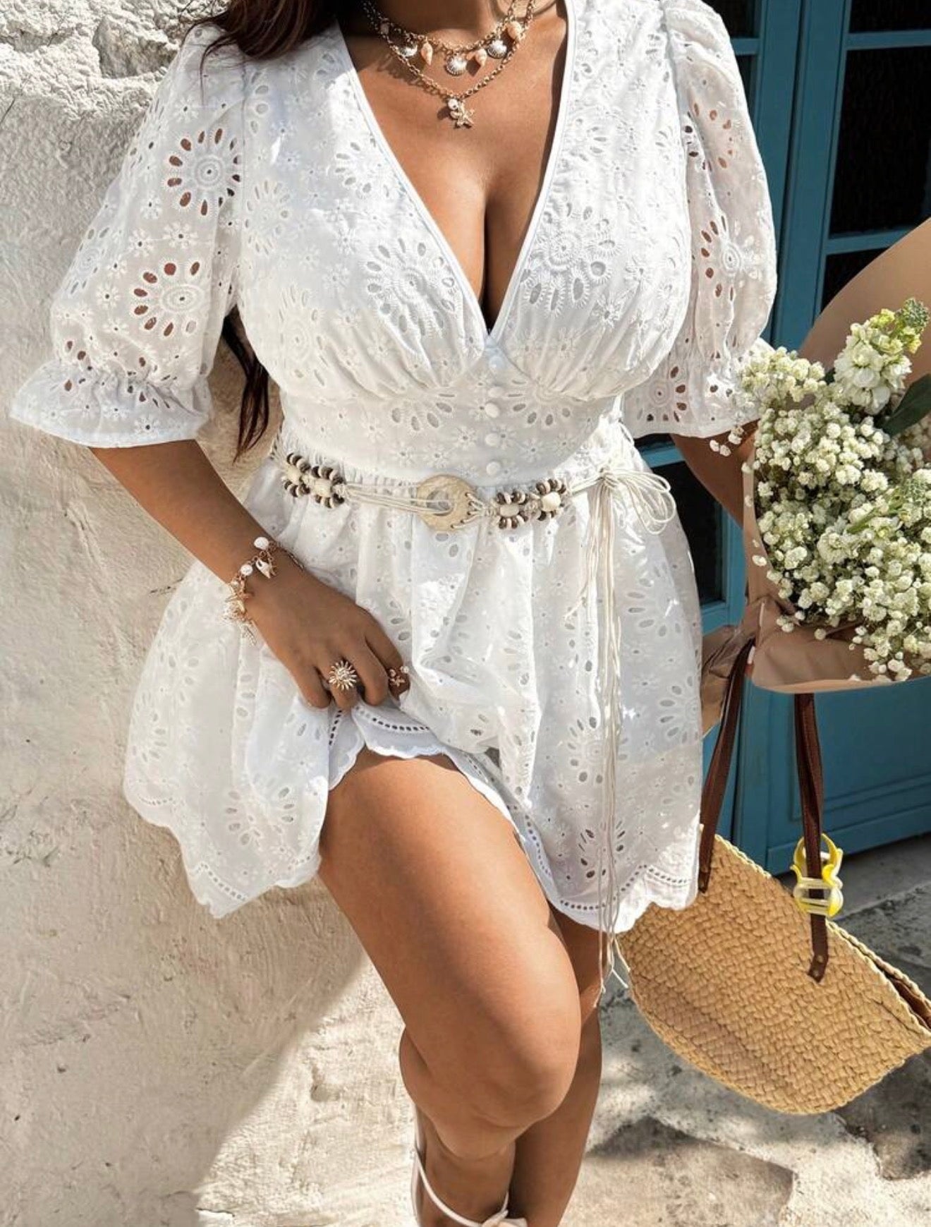 Sunnyshic Plus Size V-Neck Embroidered Puff Sleeve Dress
