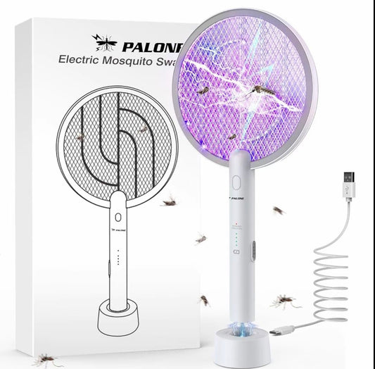 2 in 1 Electric Mosquito Swatter & Bug Zapper | USB Rechargeable 3000V Fly Killer with Strong Light & Safety Protection Net, Child & Pet Friendly for Home, Garden, Camping