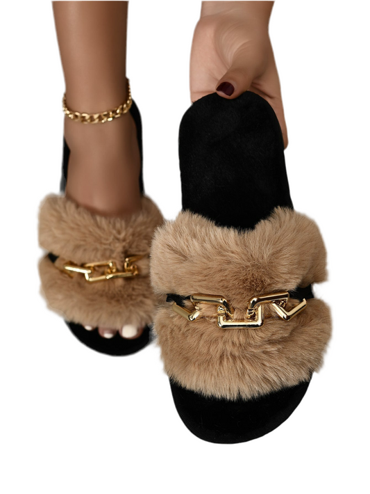 Women’s Khaki Chain Decor Fluffy Slippers – Punk Open Toe Bedroom Slippers