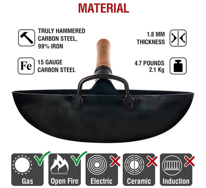 YOSUKATA 36 cm Round Bottom Carbon Steel Wok Pan – Blue Pre-Seasoned Pow Wok for Stir Fry, BBQ, Grill & Camping – Traditional Japanese & Chinese Cookware – Compatible with Gas Stoves & Open Fire Only